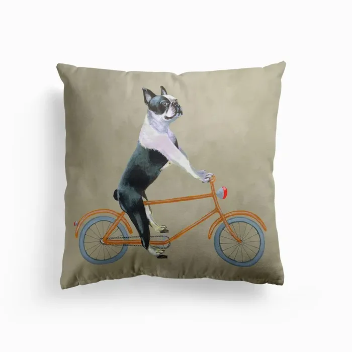 Boston Terrier On Bicycle Cushion by Coco Deparis