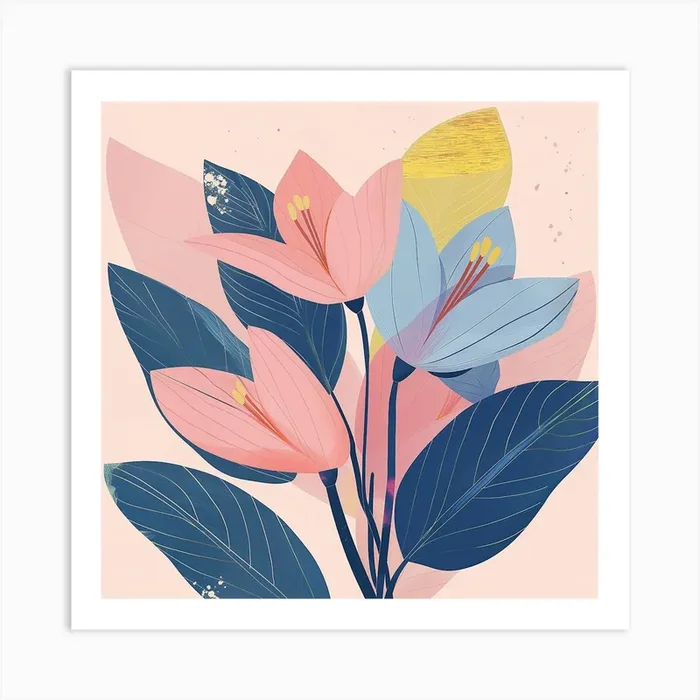 Botanical Flowers in Pink & Blue Art Print by Happy Wall Art