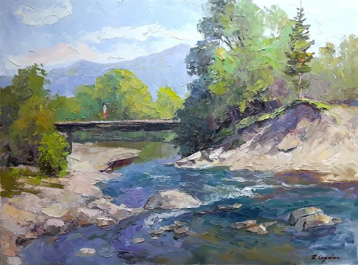 Bridge over a mountain river (2010) Oil painting by Boris Serdyuk