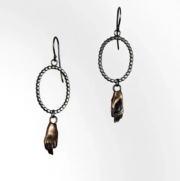 Bronze Hand & Silver Dots Earrings