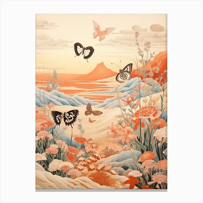 Butterflies In The Sand Dunes Japanese Style Painting 3 Canvas Print by Whimsical Meadows