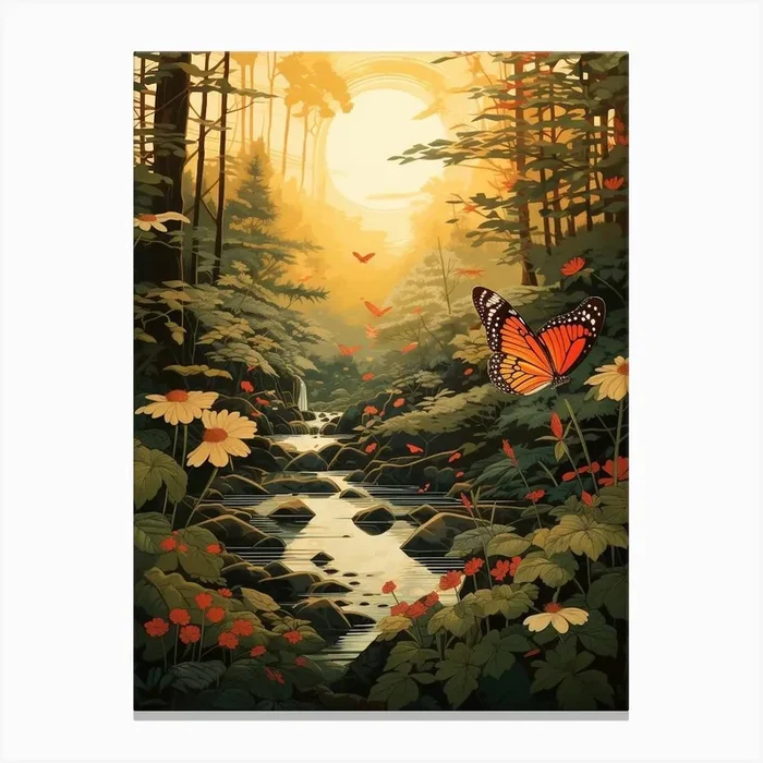 Butterflies In The Woodland At Sunrise Japanese Style Painting Canvas Print by Whimsical Meadows