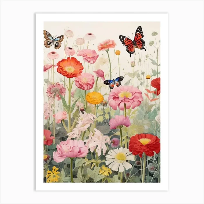 Butterflies With Wild Flower Japanese Style Painting 1 Art Print by Whimsical Meadows