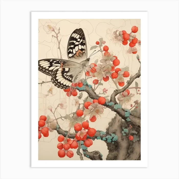 Butterfly Red Tones Japanese Style Painting 3 Art Print by Whimsical Meadows