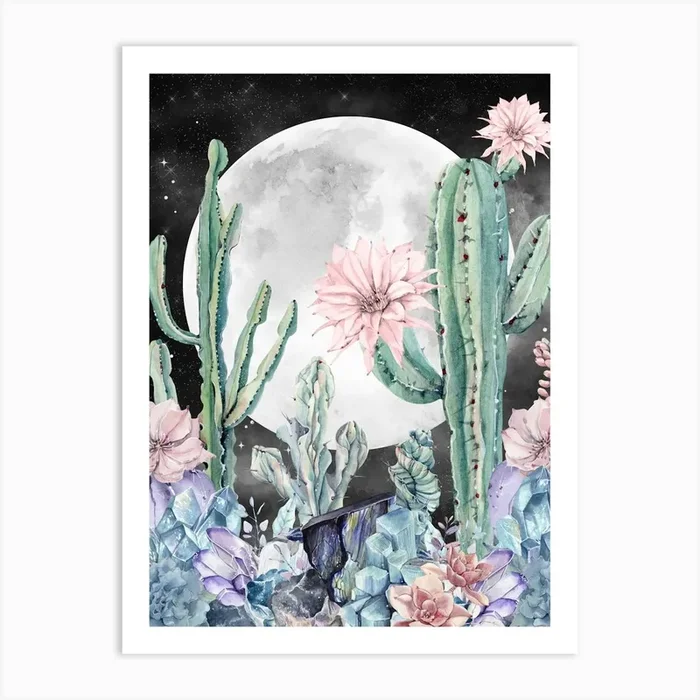 Cactus And Flowers Desert Nights Art PrintN by NatureMagick