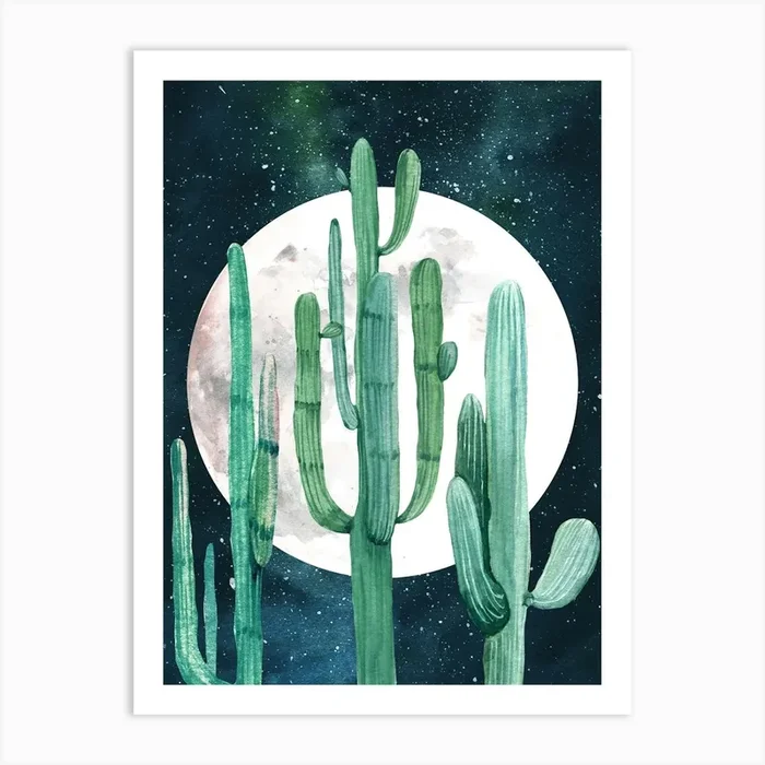 Cactus And Moonrise Boho Watercolor Art PrintN by NatureMagick