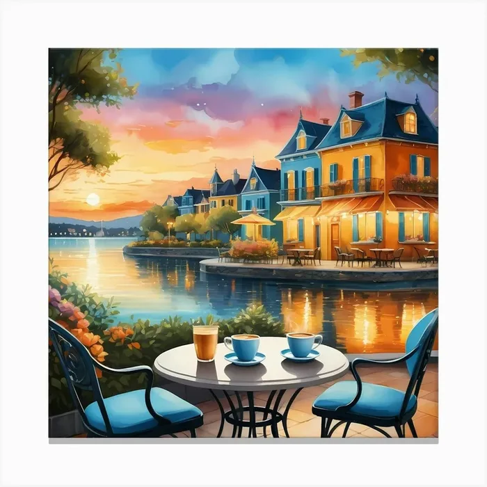 Cafe Terrace by Calm Lake in Sunset Canvas Print by Vinzlim