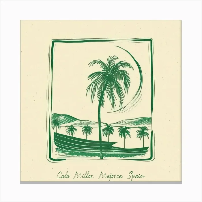 Cala Millor, Majorca, Spain Green Line Art Illustration Canvas Print by Dreamy Seasons Art