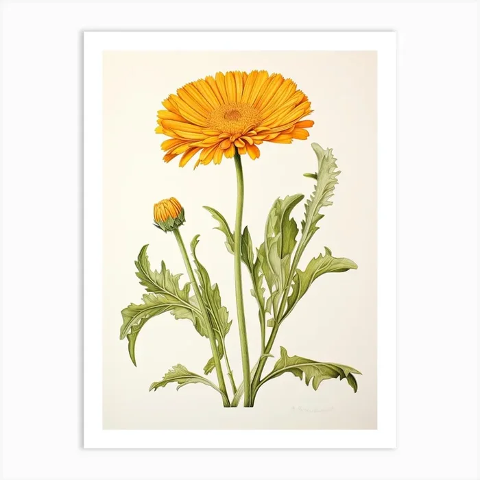 Calendula Pot Marigold Vintage Botanical Herbs 3 Art Print by Whimsical Meadows