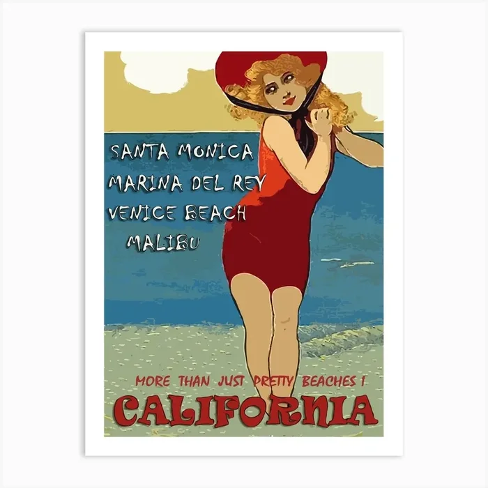 California, Woman In Swimsuit On The Beach Art Print by Vintage Spirit