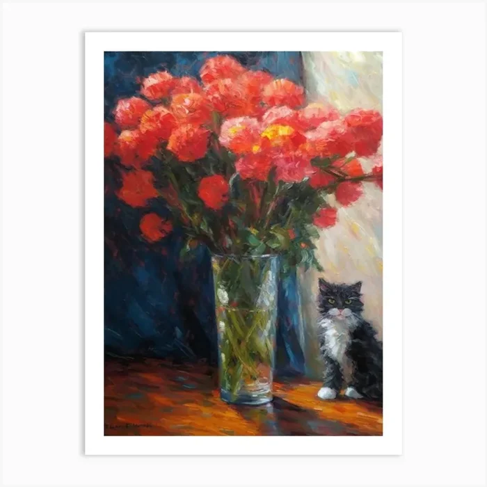 Carnations With A Cat 1 Art Print by Flora Expressions