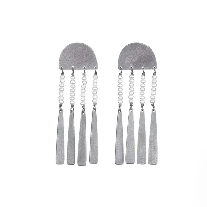 Carved Long Half Circle and Triangle Earrings