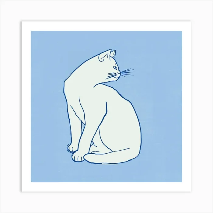 Cat Sitting On A Blue Background Art Print by showmemars