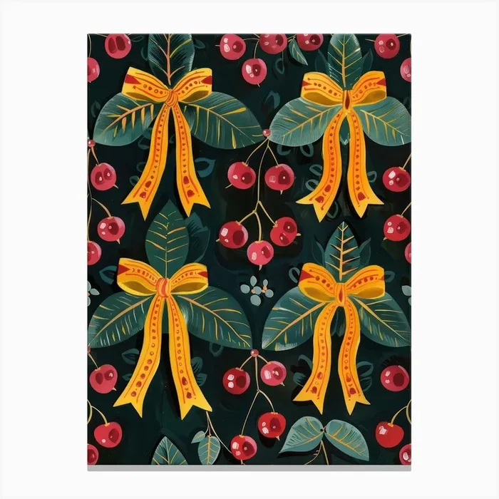 Cherries And Yellow Bows 4 Pattern Canvas Print by House of Patterns
