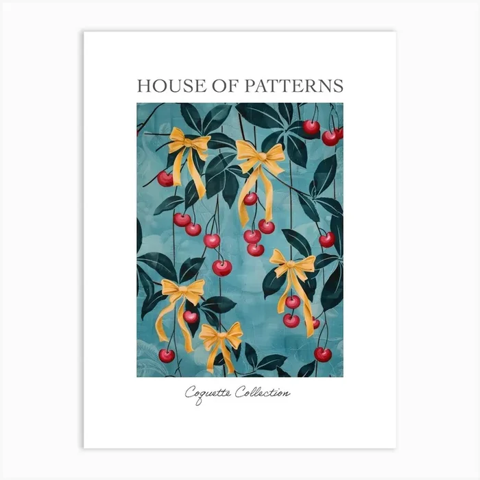 Cherries And Yellow Bows 5 Pattern Poster Art Print by House of Patterns