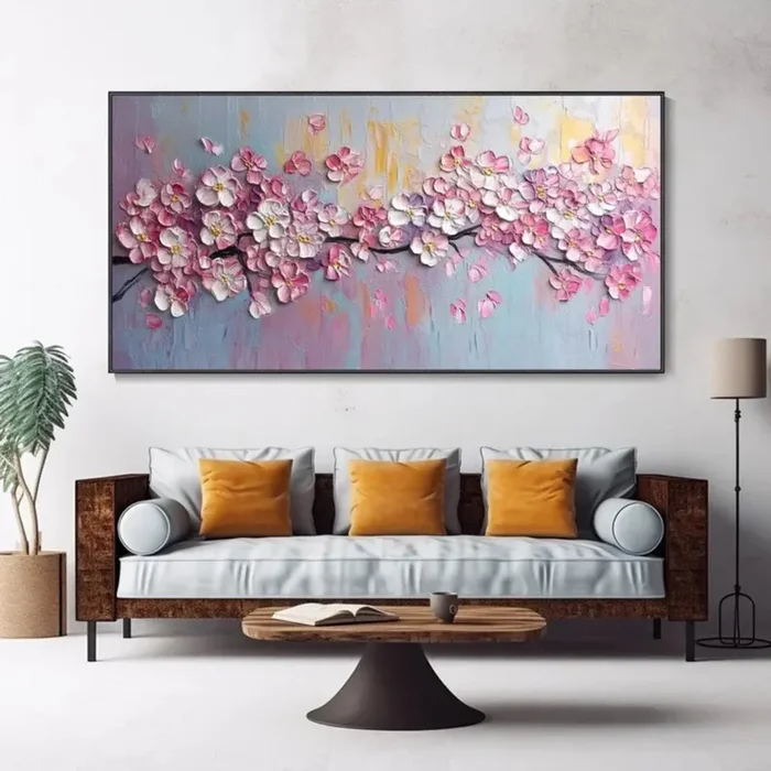 Cherry Serenity – 3D Palette Knife Blossom Painting on Pastel Blue Gradient Canvas