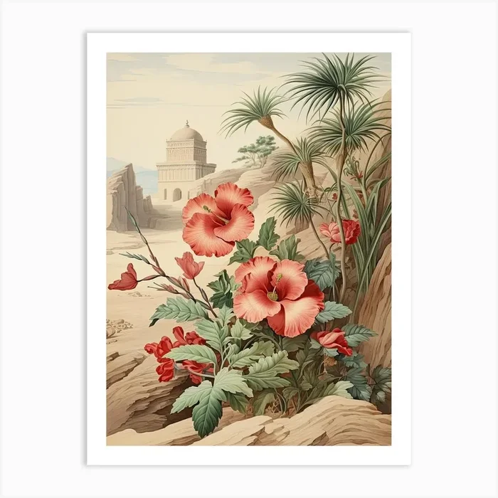 Chinese Hibiscus Flower Victorian Style 3 Art Print by Whimsical Meadows