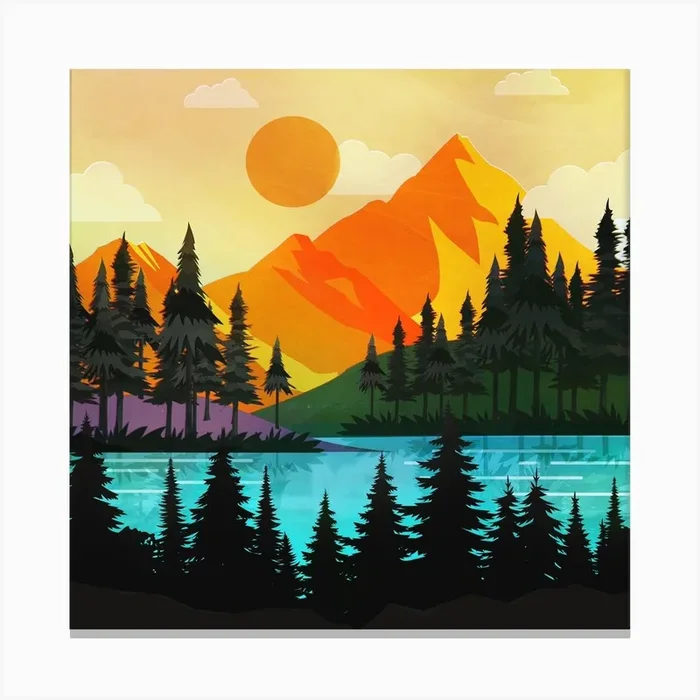 Colorful sunset near the peaceful forest lake Canvas Print by Nadja