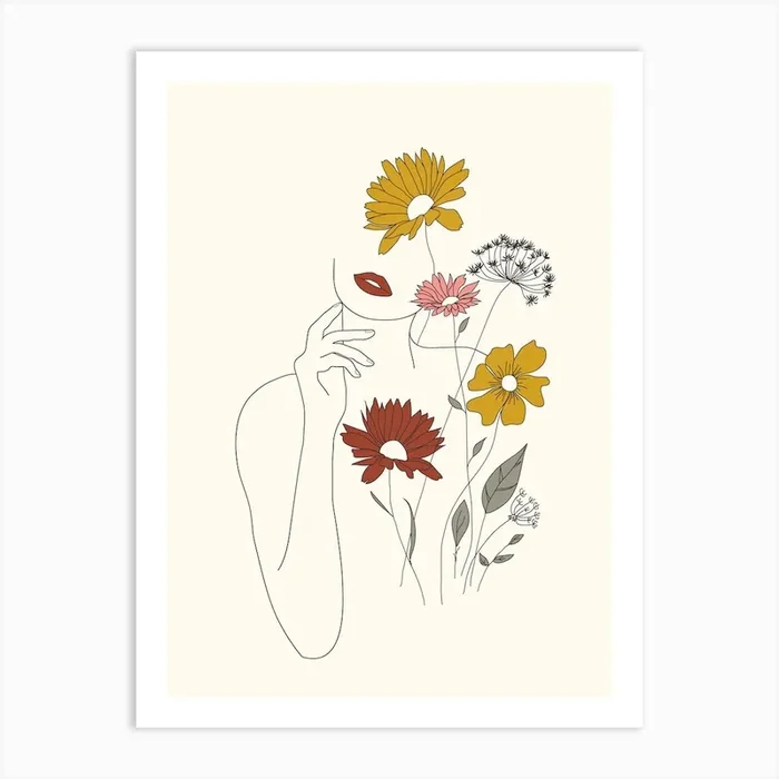 Colorful Thoughts Minimal Line Art Woman With Flowers III Art Print by Nadja