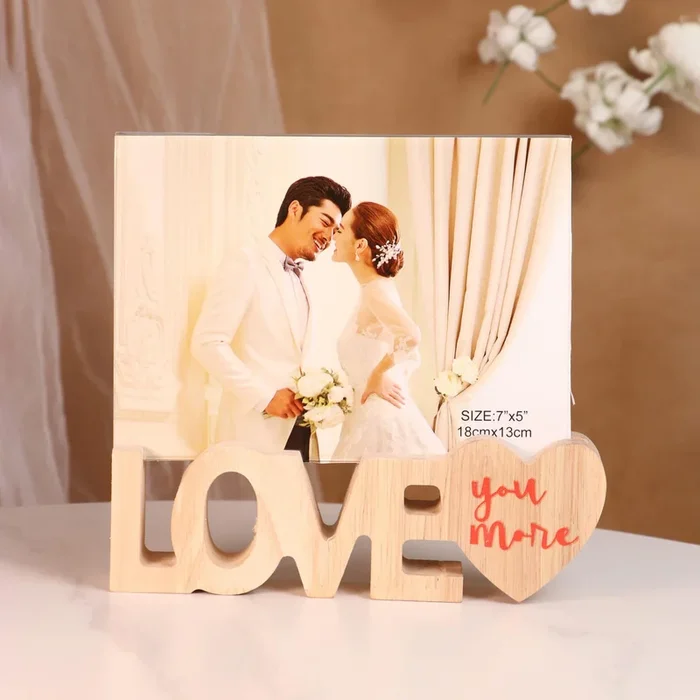 Couples Photo Frame Creative Wooden Love Cutout with High Definition Glass for Table Stand Table Top Picture Frame, 13×18 cm