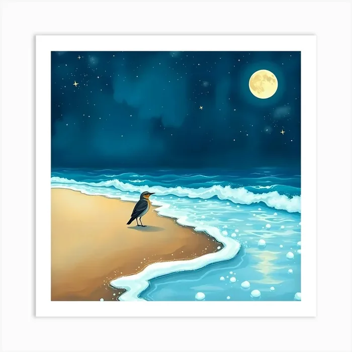 Crow On The Beach At Night Art Print by Vinzlim