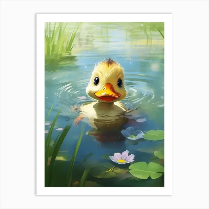 Cute Cartoon Duckling Swimming In The Pond 4 Art Print by Into the Pond