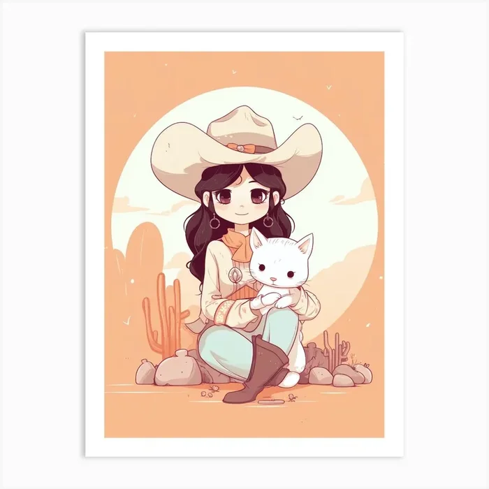 Cute Cowgirl With Cat 4 Art Print by Retro West