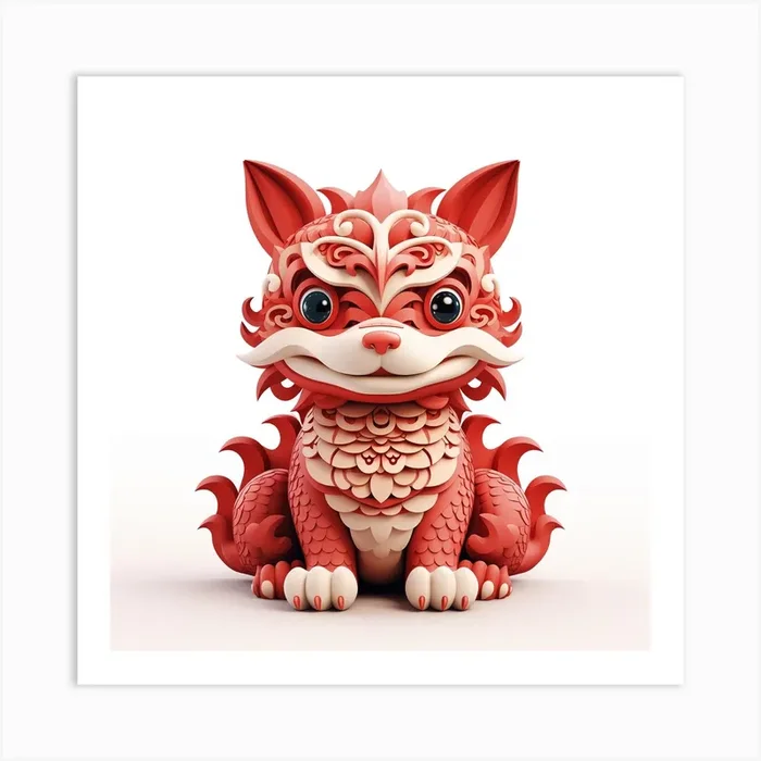 Cute Dragon Red in Origami Art PrintM by Mixologist