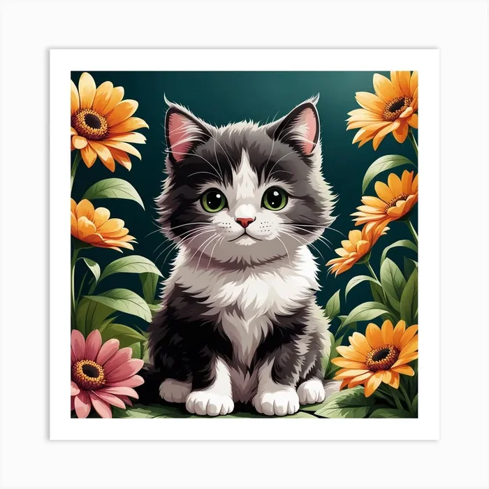 Cute Kitten With Flowers Art Print by kinan