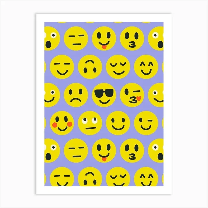 Cute Text Chat Emoji Grid on Lavender Blue Art Print by Sandra Hutter Designs