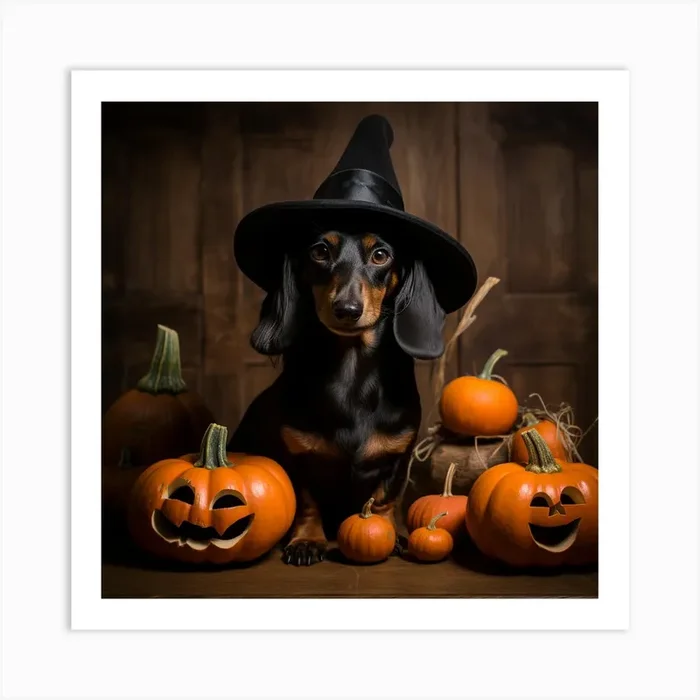 Dachshund & Pumpkins (Halloween) 3 Art Print by Lozzerly