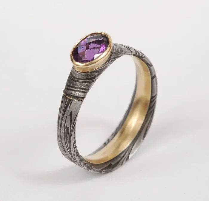 Damascus Steel & Amethyst Ring