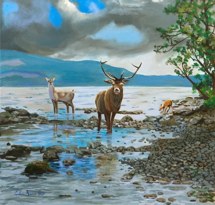 Deer Family at Loch Ness (2023) Oil painting by Gordon Bruce