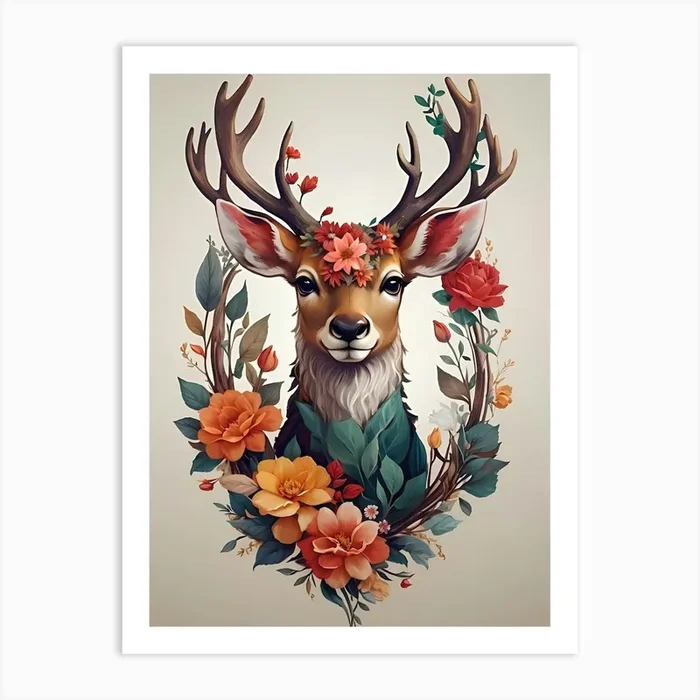 Deer With Flowers Art Print by Saimo Sherif