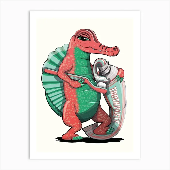 Dinosaur Spinosaurus Brushing Teeth Art Print by Wyatt 9