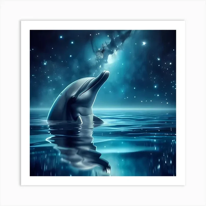 Dolphin looking up at Stars Art Print by Pixelverse