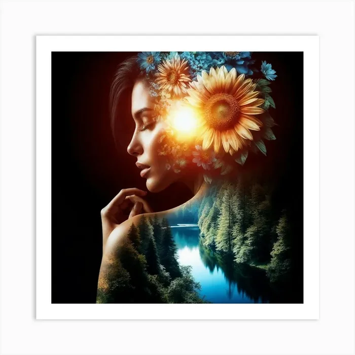 Double Exposure Dreamscape Woman With Sunflowers and Forest River Art Print by SolaoArt