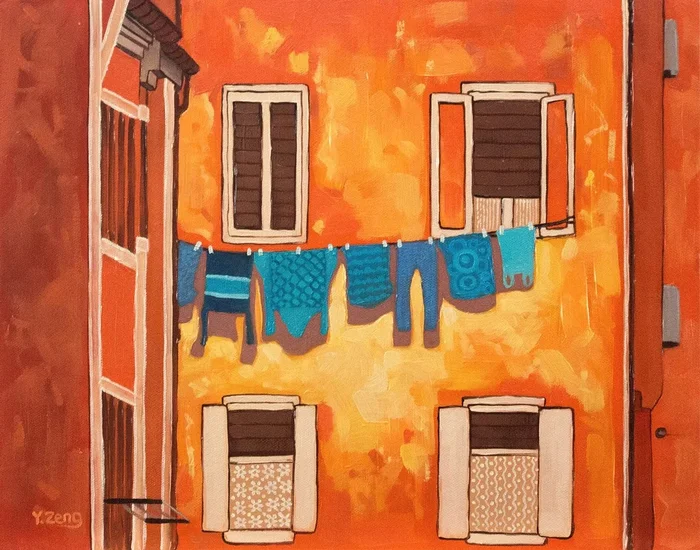 Drying clothes (2023) Oil painting by Yue Zeng
