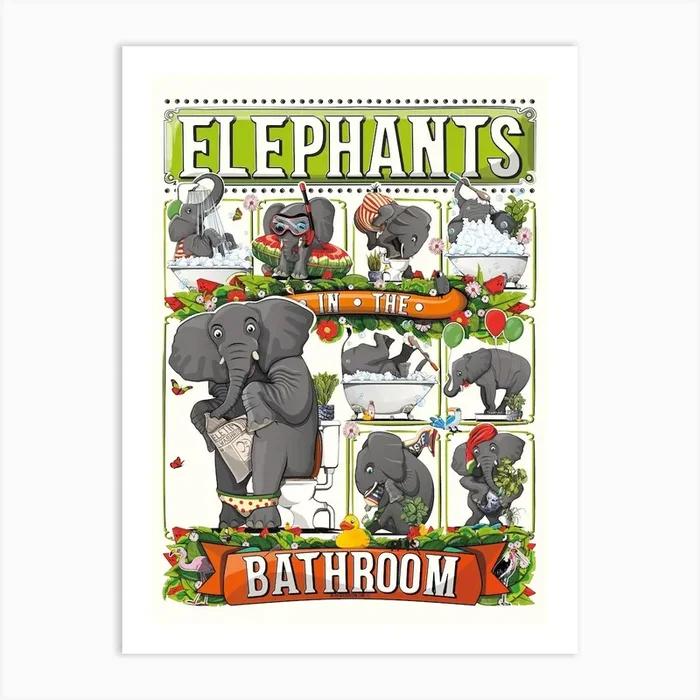 Elephants In The Bathroom Art Print by Wyatt 9
