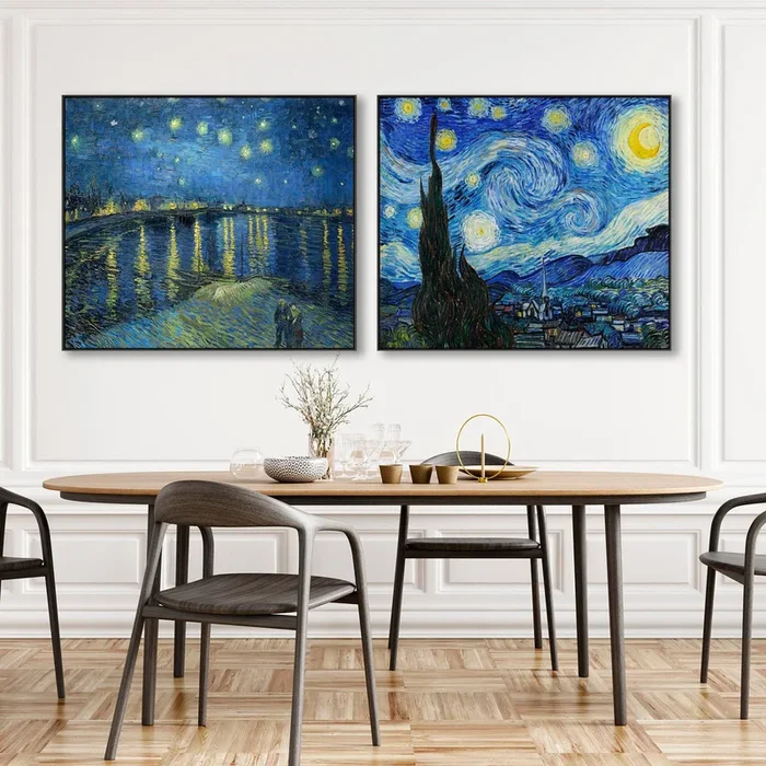 Extra Large Vincent Van Gogh Starry Night Pair of Blue Wall Art Framed Canvas Landscape Paintings – Set of 2