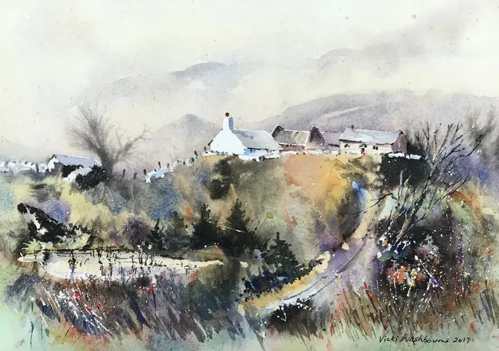 Farm house with buildings (2017) Mixed-media painting by Vicki Washbourne