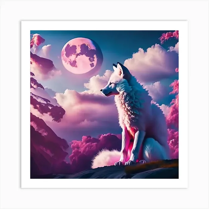 Firefly Jungle With Snow Fox Sitting And Watching The Moonlight 85534 Art PrintM by Moro_1