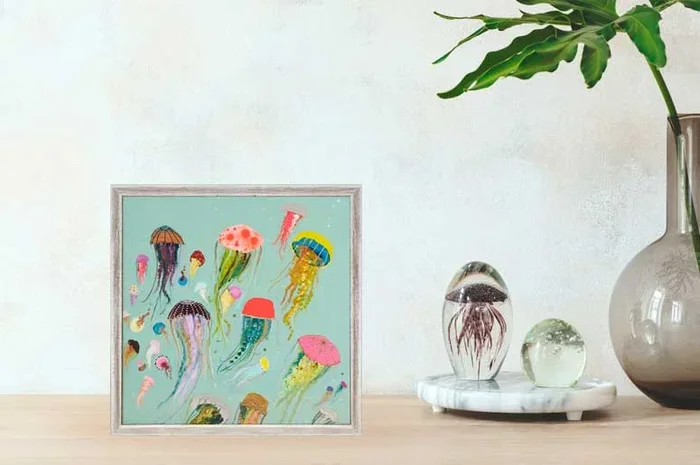Floating Jellyfish Aqua Mini Framed Canvas