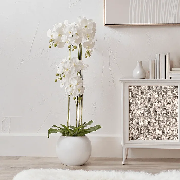 Floor Standing White Faux Potted Orchid Decorative Floral