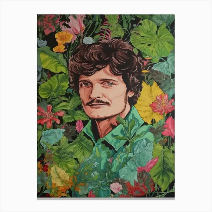 Floral Handpainted Portrait Of Pedro Pascal 3 Canvas Print by Bloomed Icons