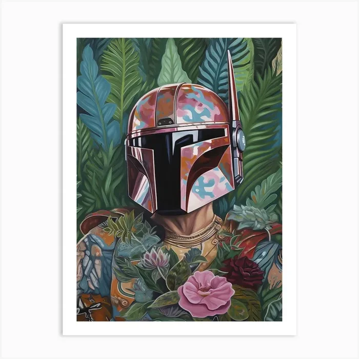 Floral Handpainted Portrait Of The Mandalorian Pedro Pascal 2 Art Print by Bloomed Icons