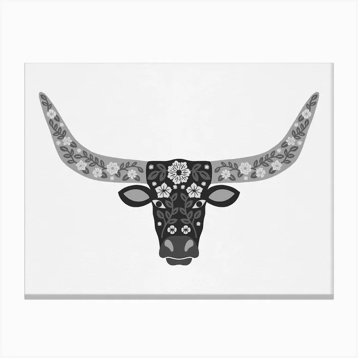 Floral Longhorn Black And White Canvas Print by Jessica Molina