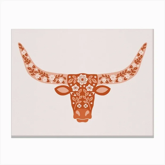 Floral Longhorn Burnt Orange Canvas Print by Jessica Molina