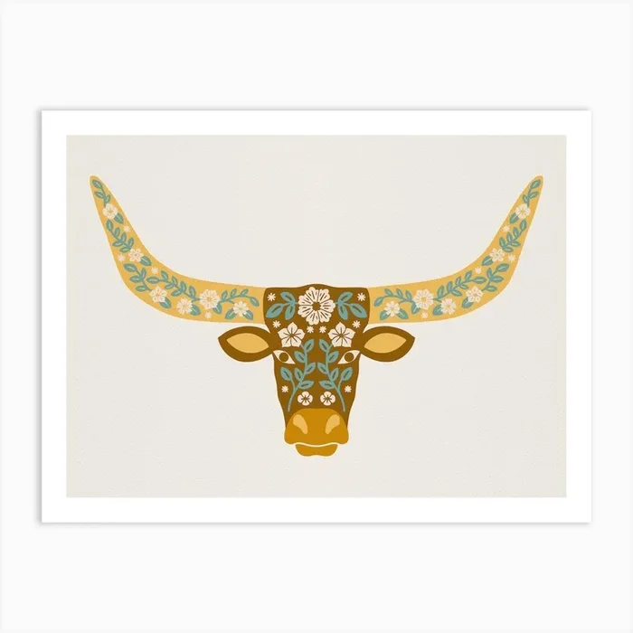 Floral Longhorn Yellow And Blue Art Print by Jessica Molina