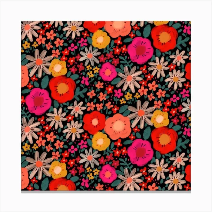 Floral Pattern Black Square Canvas Print by Kate McFarlane